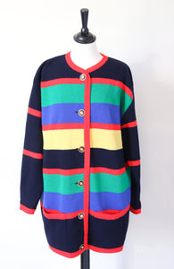 Long Vintage Cardigan - 1990s - Wool Blend - Colour Block Striped - L / UK 14