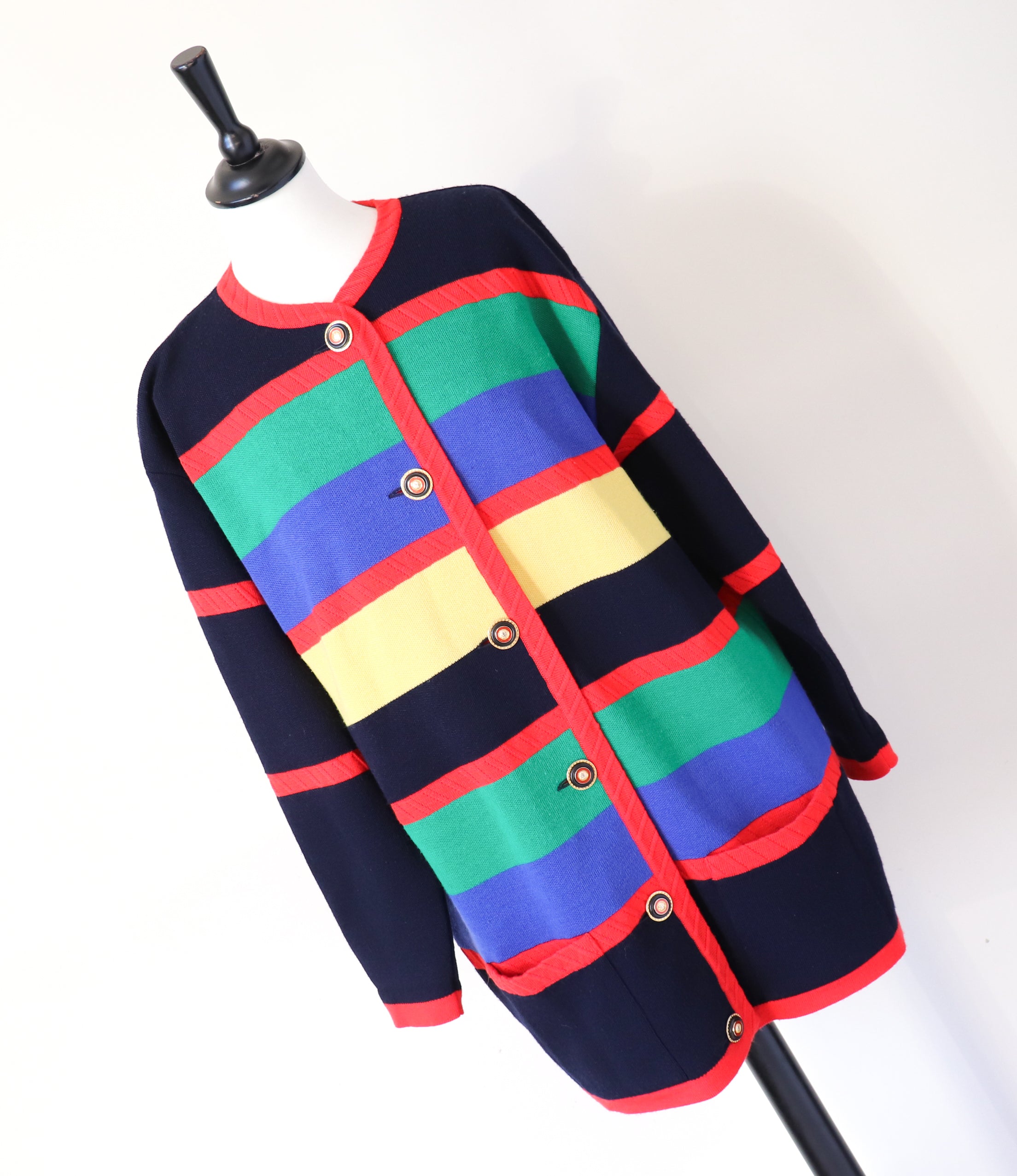 Long Vintage Cardigan - 1990s - Wool Blend - Colour Block Striped - L / UK 14