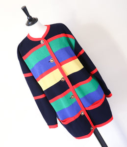 Long Vintage Cardigan - 1990s - Wool Blend - Colour Block Striped -  L / UK 14