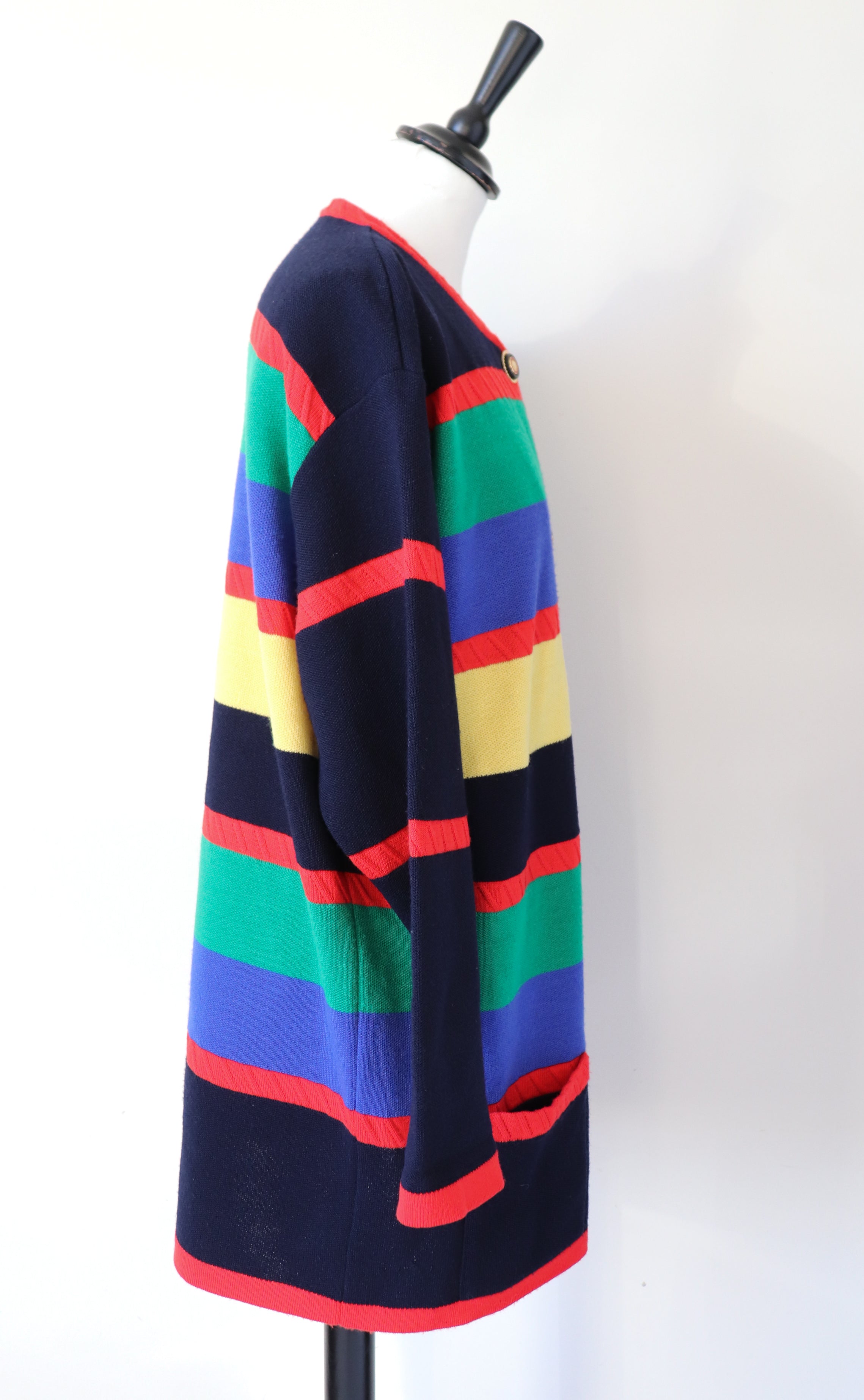 Long Vintage Cardigan - 1990s - Wool Blend - Colour Block Striped - L / UK 14