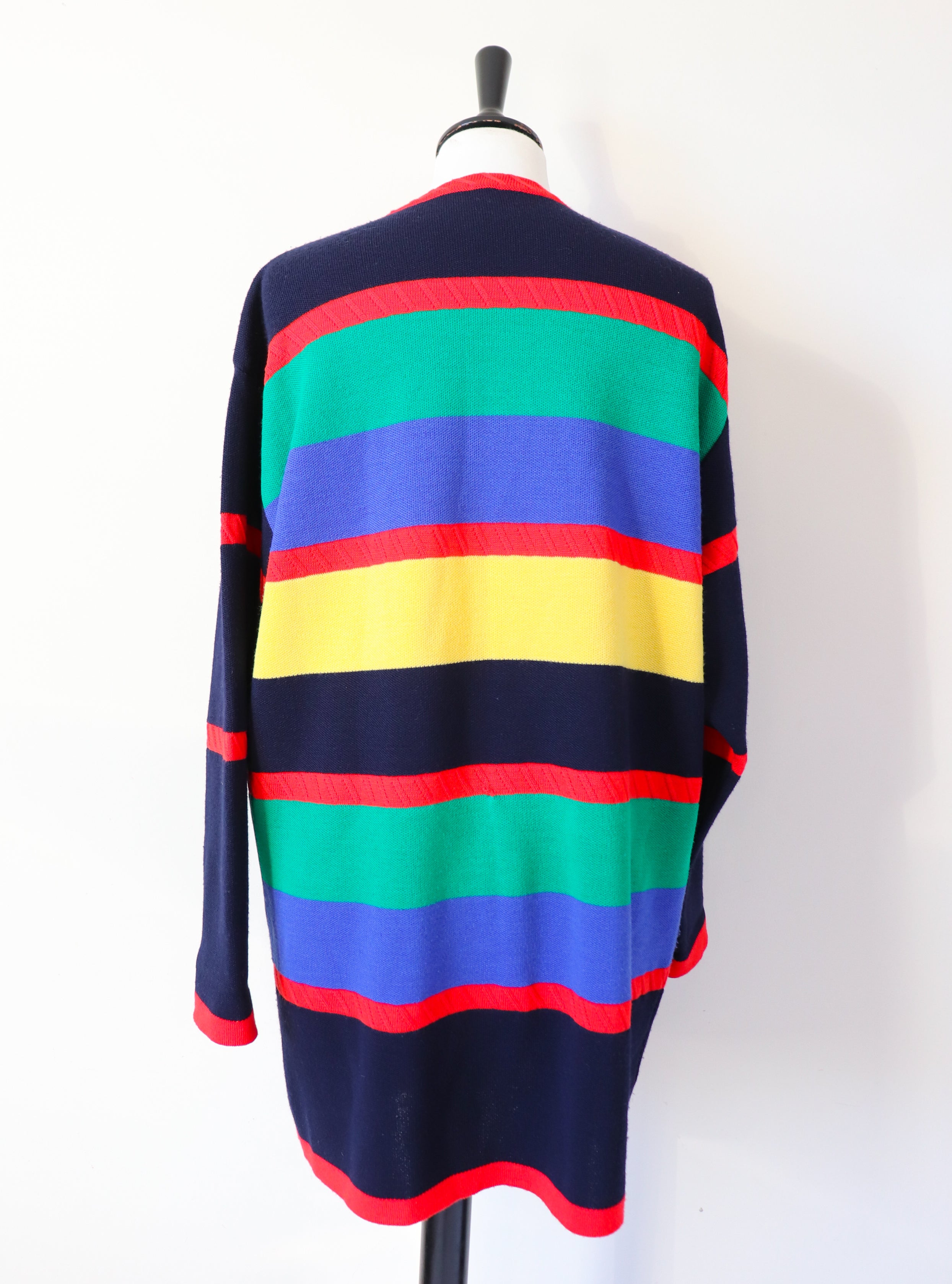 Long Vintage Cardigan - 1990s - Wool Blend - Colour Block Striped -  L / UK 14