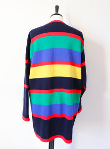 Long Vintage Cardigan - 1990s - Wool Blend - Colour Block Striped - L / UK 14
