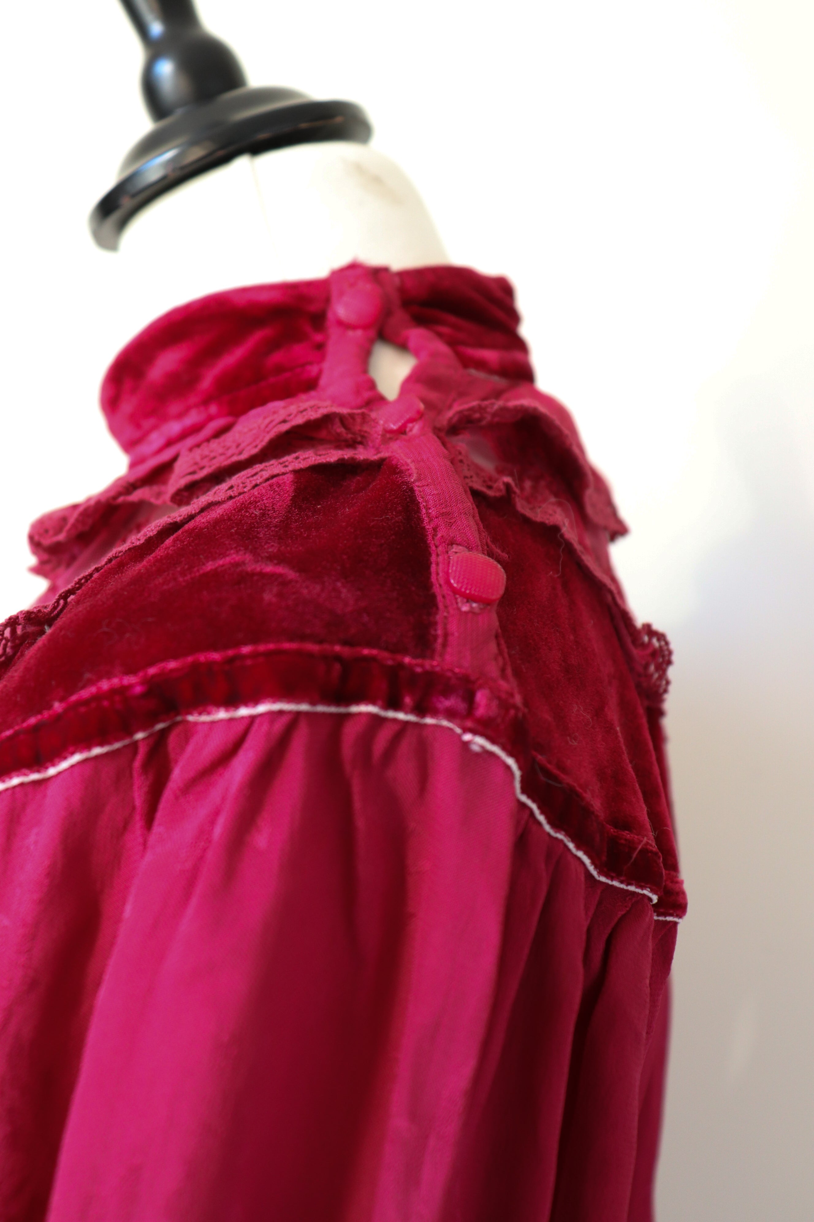 Vintage Praire Dress - Red - Long Sleeve - Elastic Waist - 1980s - M / UK 12