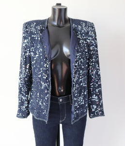 Sequin Collarless Vintage Jacket - Dark Blue - Scala - Silk Lining - M / UK 12