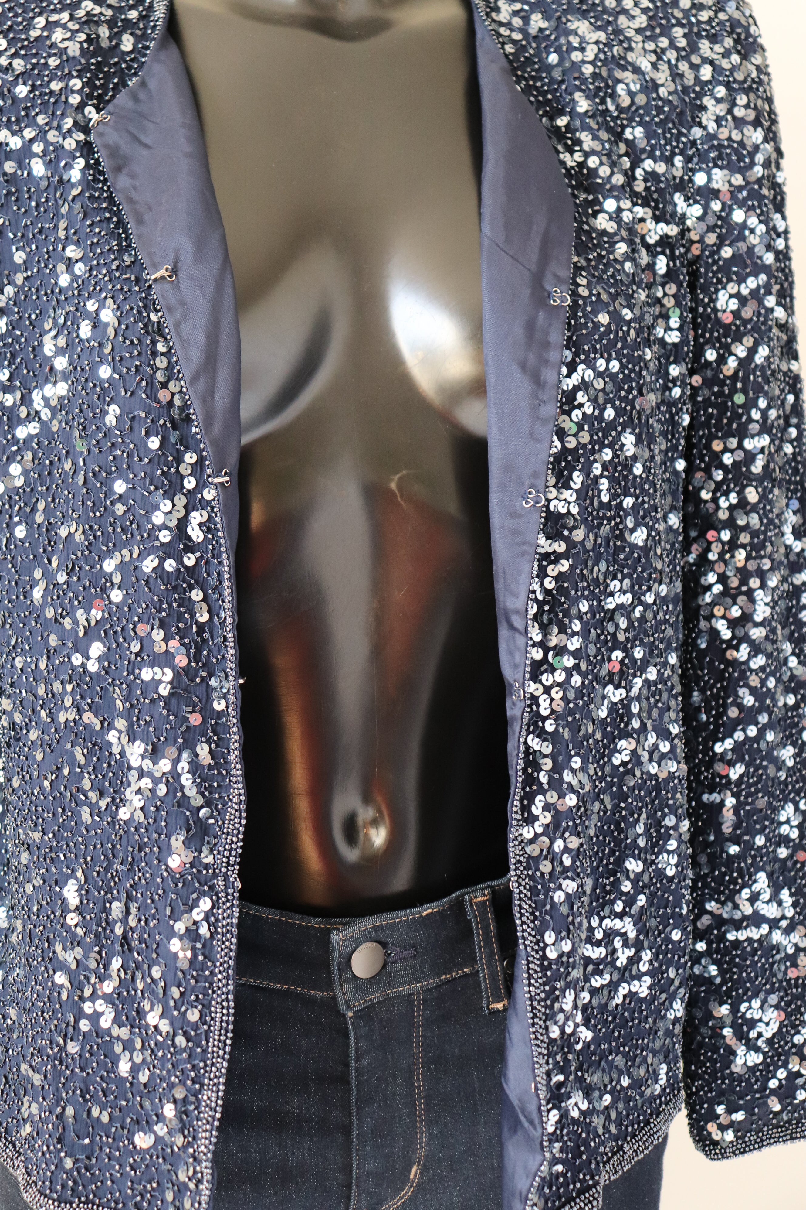 Sequin Collarless Vintage Jacket - Dark Blue - Scala - Silk Lining - M / UK 12