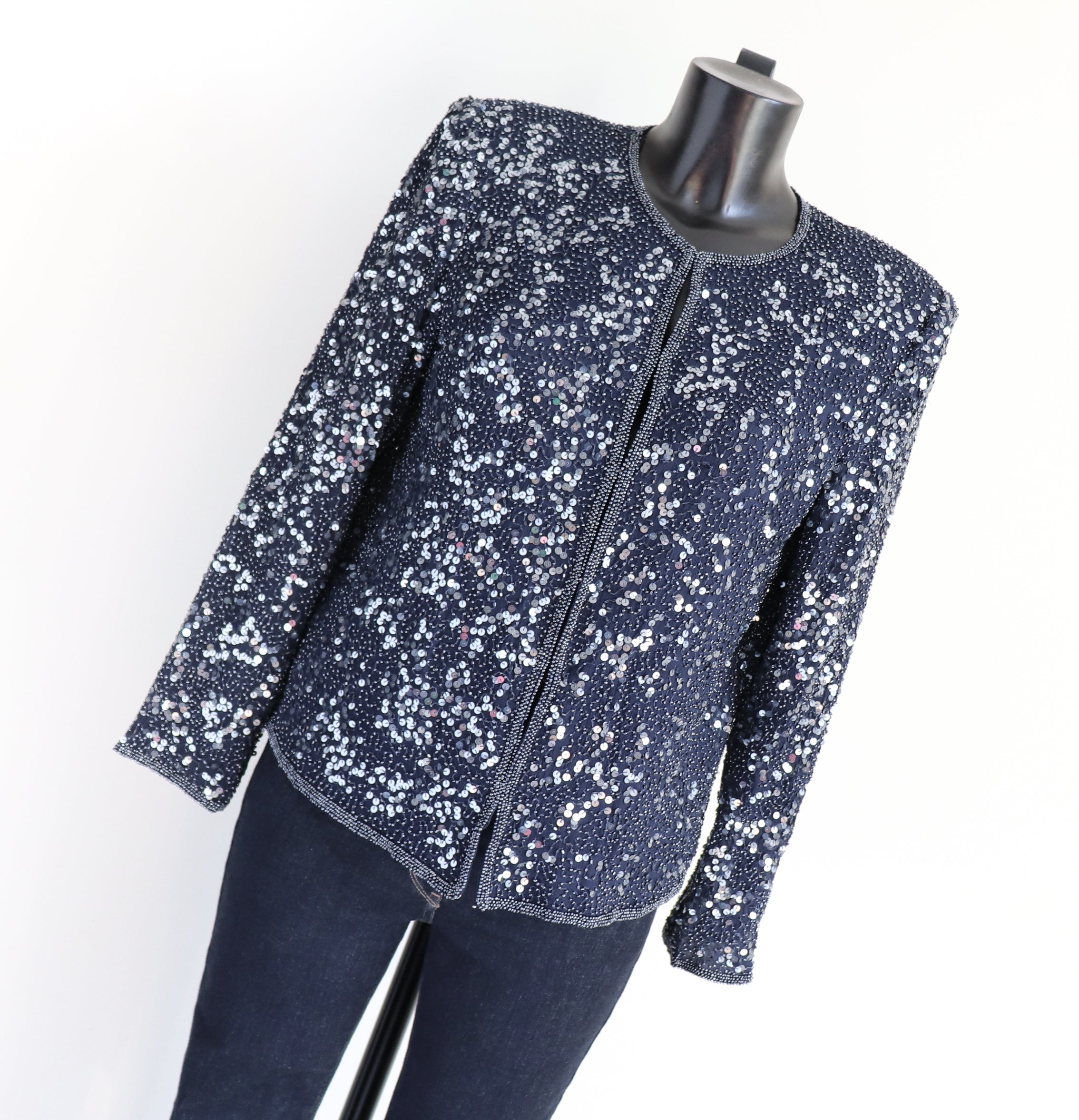 Sequin Collarless Vintage Jacket - Dark Blue - Scala - Silk Lining - M / UK 12