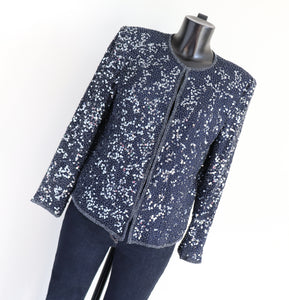 Sequin Collarless Vintage Jacket - Dark Blue - Scala - Silk Lining - M / UK 12