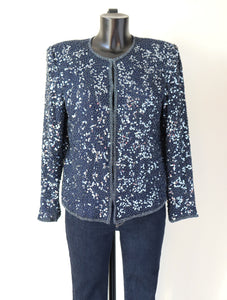 Sequin Collarless Vintage Jacket - Dark Blue - Scala - Silk Lining - M / UK 12