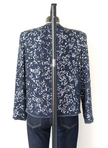 Sequin Collarless Vintage Jacket - Dark Blue - Scala - Silk Lining - M / UK 12