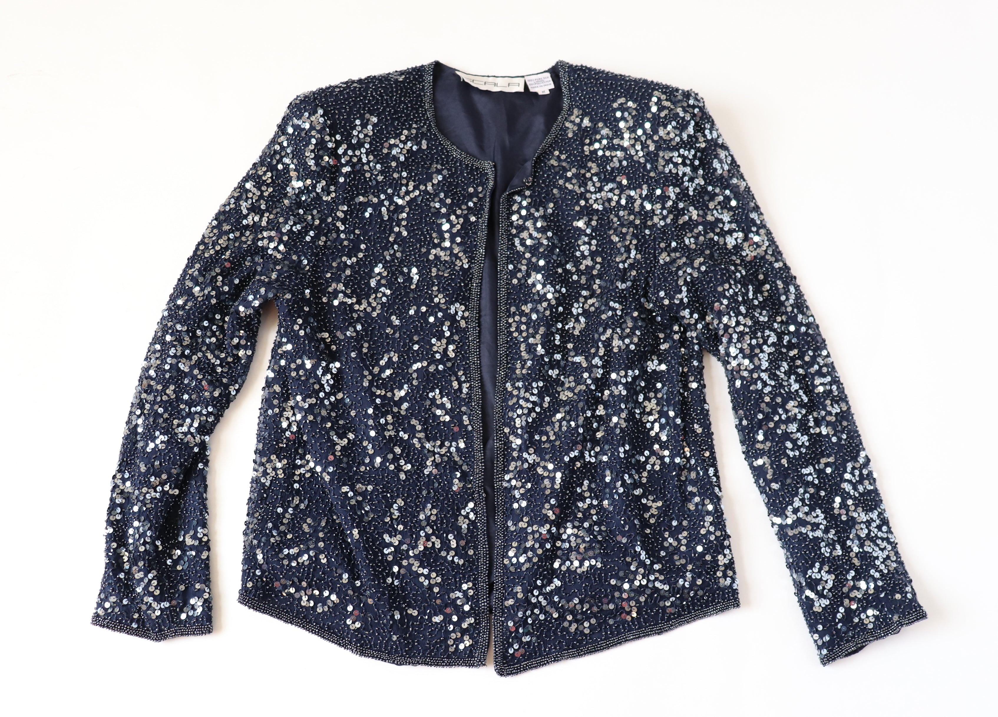 Sequin Collarless Vintage Jacket - Dark Blue - Scala - Silk Lining - M / UK 12