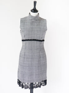 Houndstooth Check Wool Shift Dress - Empire Waist - Bodycon - S - UK 8 / 10