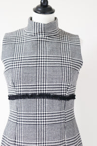 Houndstooth Check Wool Shift Dress - Empire Waist - Bodycon - S - UK 8 / 10