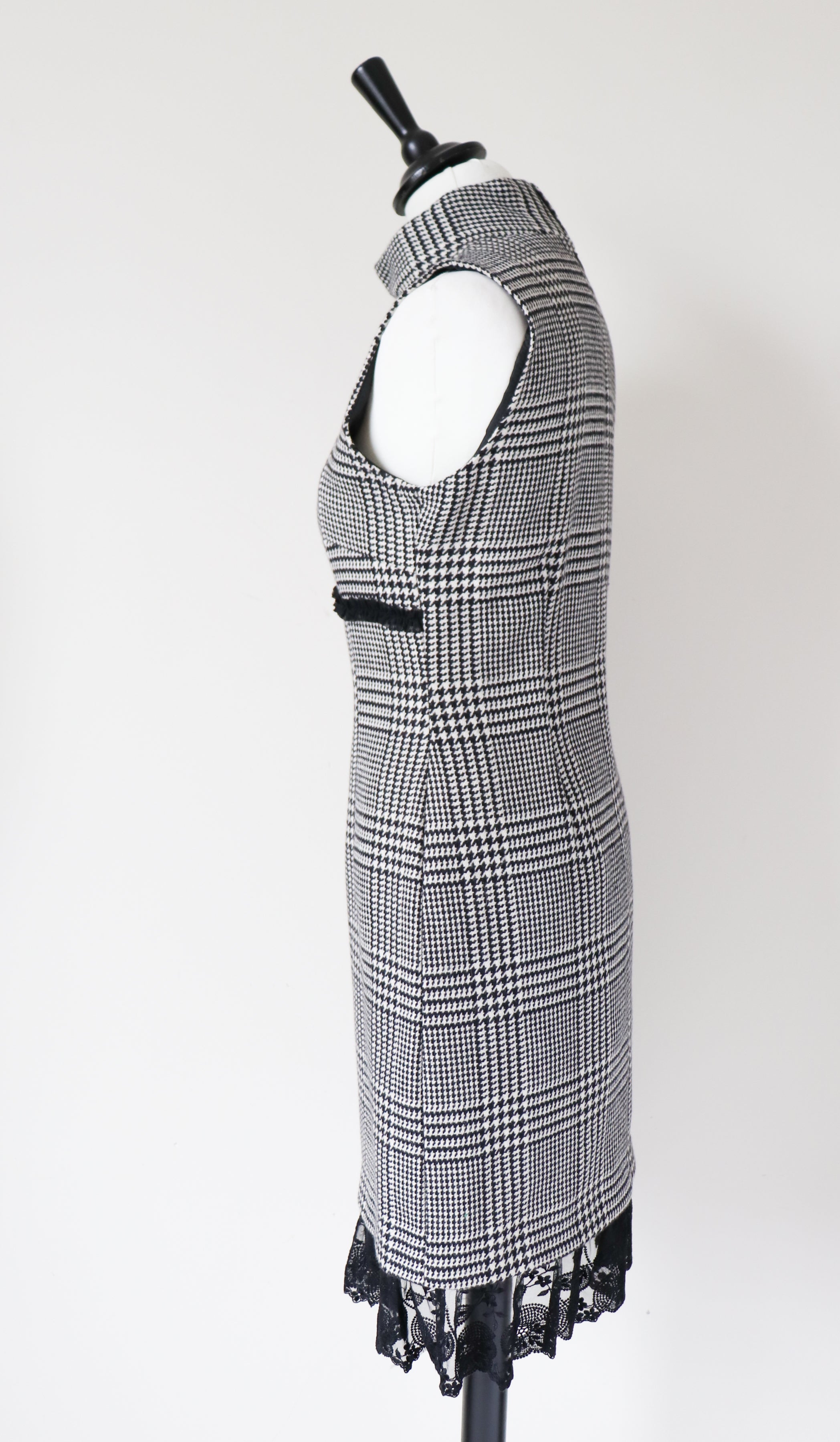 Houndstooth Check Wool Shift Dress - Empire Waist - Bodycon - S - UK 8 / 10