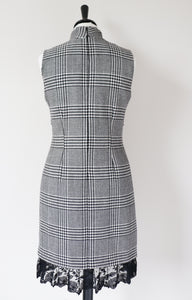 Houndstooth Check Wool Shift Dress - Empire Waist - Bodycon - S - UK 8 / 10