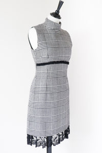 Houndstooth Check Wool Shift Dress - Empire Waist - Bodycon - S - UK 8 / 10