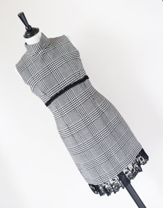Houndstooth Check Wool Shift Dress - Empire Waist - Bodycon - S - UK 8 / 10