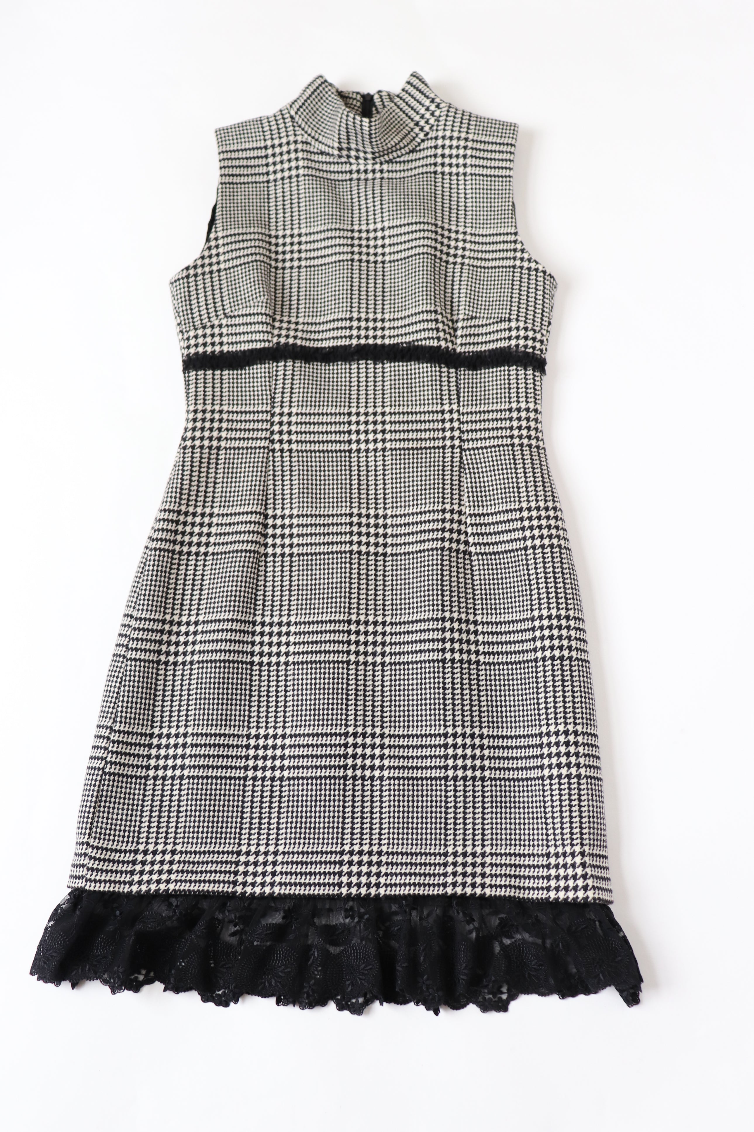 Houndstooth Check Wool Shift Dress - Empire Waist - Bodycon - S - UK 8 / 10