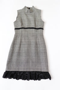 Houndstooth Check Wool Shift Dress - Empire Waist - Bodycon - S - UK 8 / 10