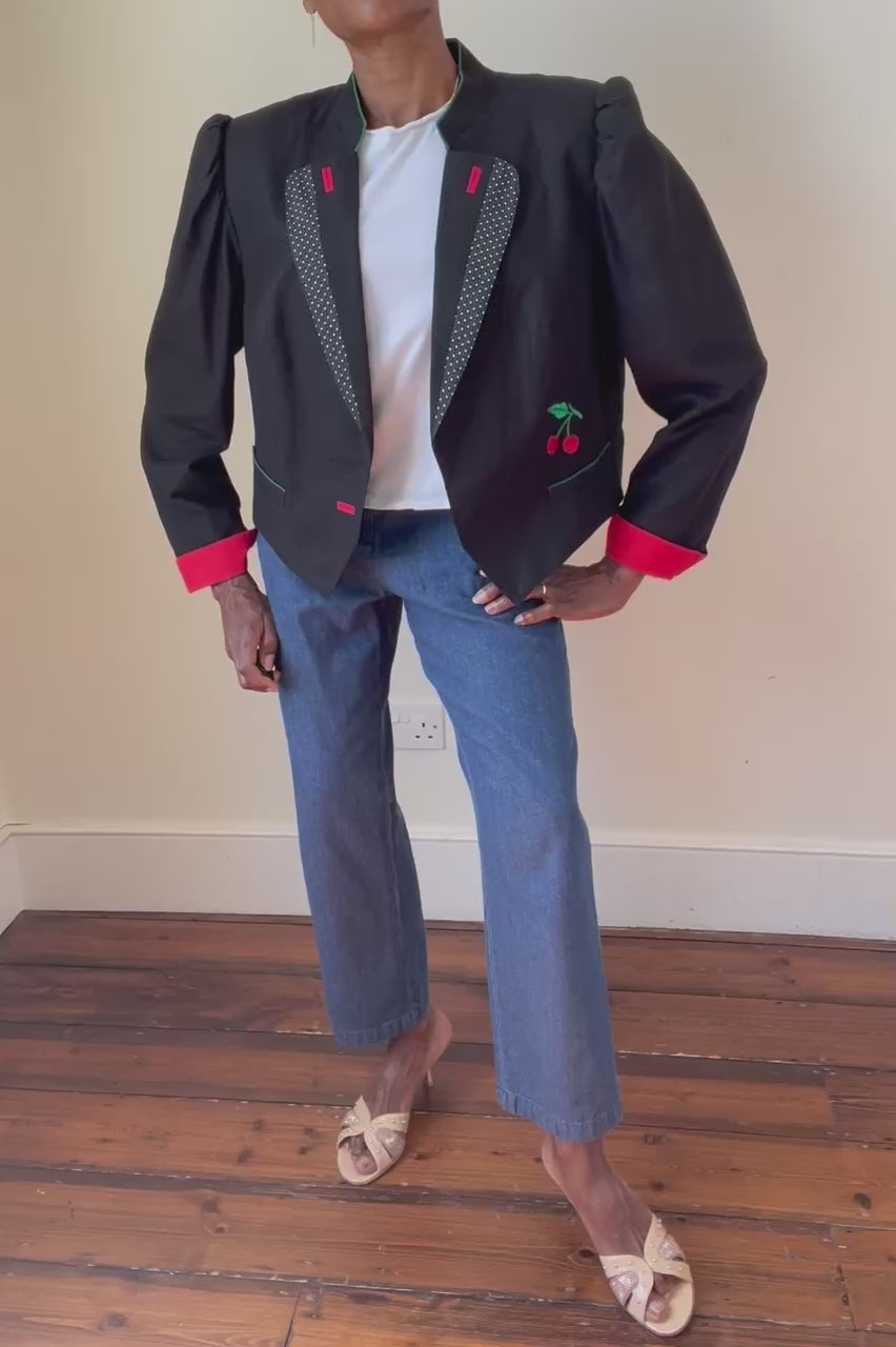 C&A Black Tirol Trachten Jacket - Vintage 1980s - Linen / Cotton Blend - Fit L / UK 14