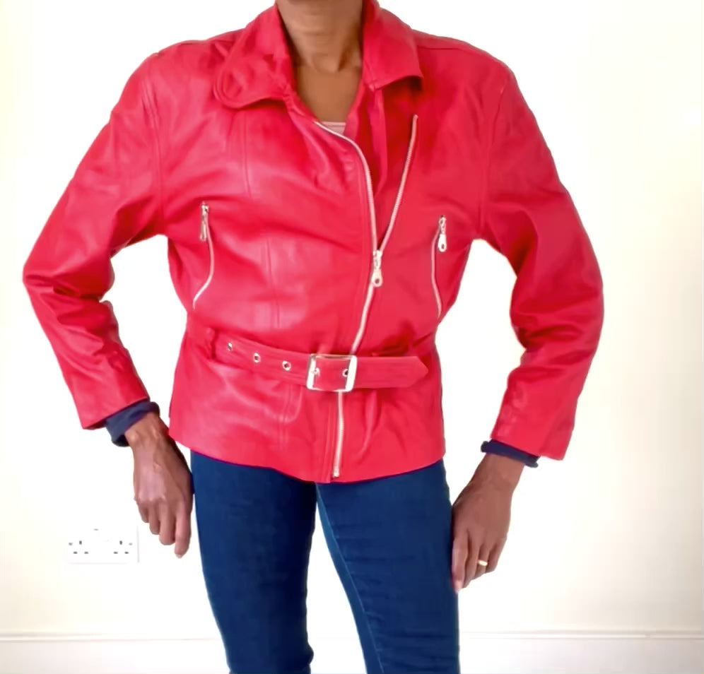 Red Leather Biker Jacket - Vintage - Womens - 1980s - UK 12 / 14