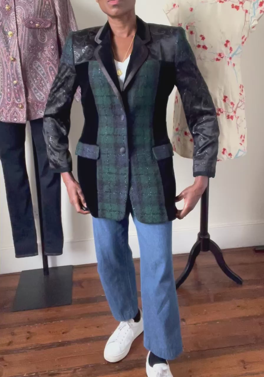 Antonette Plaid Evening Jacket - Green / Black Wool / Velvet - M / UK 12