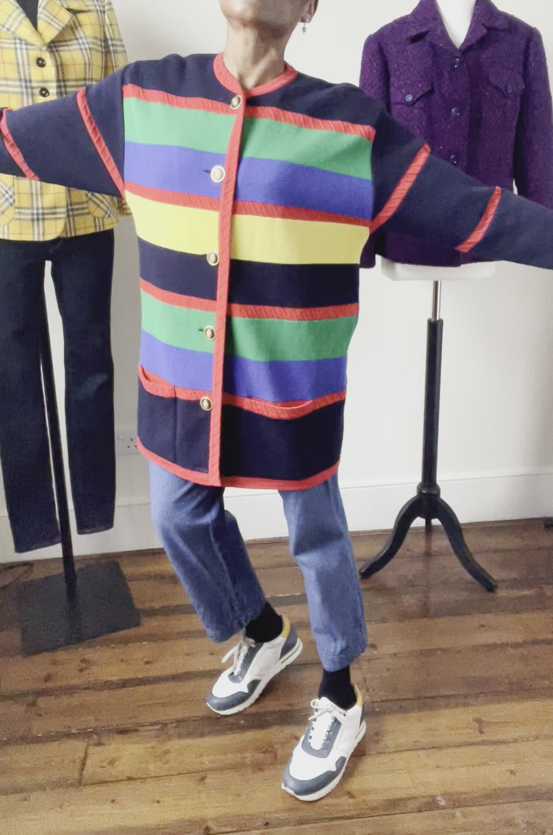 Long Vintage Cardigan - 1990s - Wool Blend - Colour Block Striped - L / UK 14