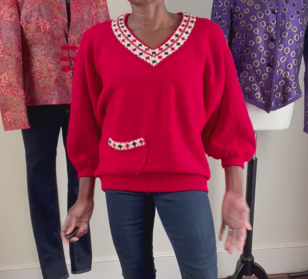 Vintage Jumper - Balloon Sleeves - Red Wool Blend - V Neck - M / L - UK 12 / 14